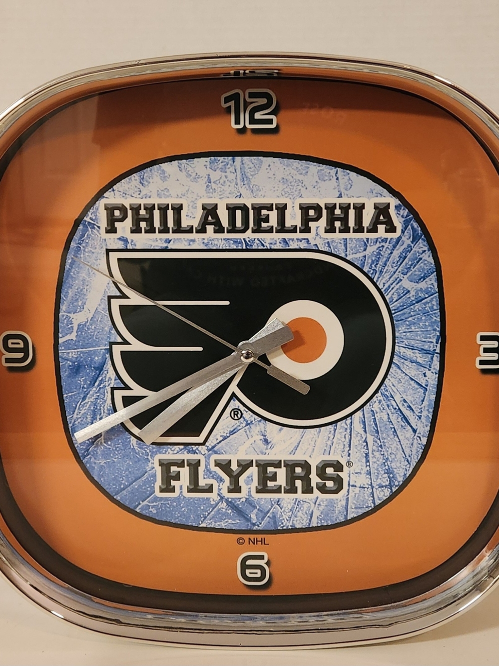 Vtg Philadelphia Flyers Wall Clock 12" Square Chrome NHL Hockey Fan Cave Decor